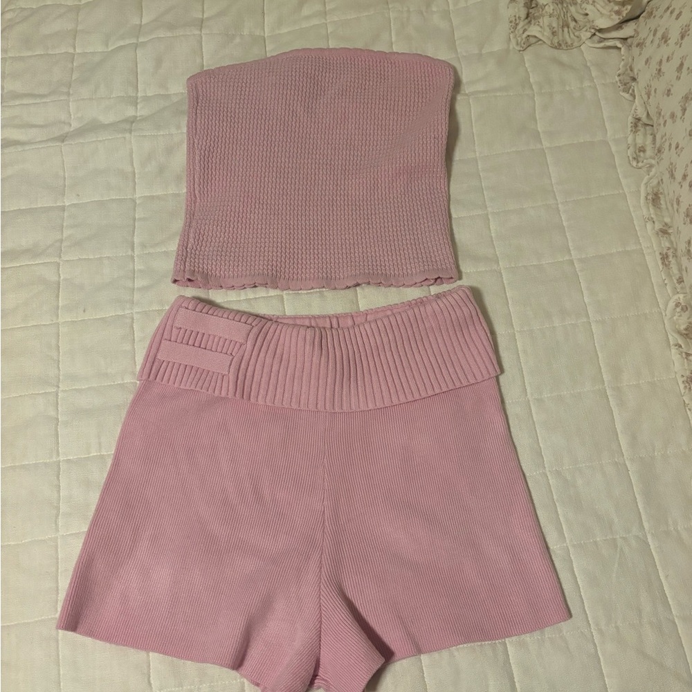 Princess Polly High Waist Pink Knit Shorts and Matching Tube Top
